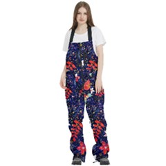 Festive Floral Pattern Christmas Blue Floral Flower Foliage Leaves Pattern Red Snow Winter Women s Front Zip Ski And Snowboard Bib Pants by Maspions