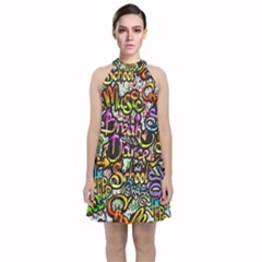 Graffiti Word Seamless Pattern Velvet Halter Neckline Dress  by Bedest