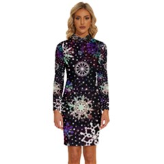 Shiny Winter Snowflake Abstract Christmas Cold Crystal December Long Sleeve Shirt Collar Bodycon Dress by Bedest