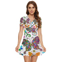 Butterflies, Abstract, Colorful, Floral, Flowers V-neck High Waist Chiffon Mini Dress by kyorashop23