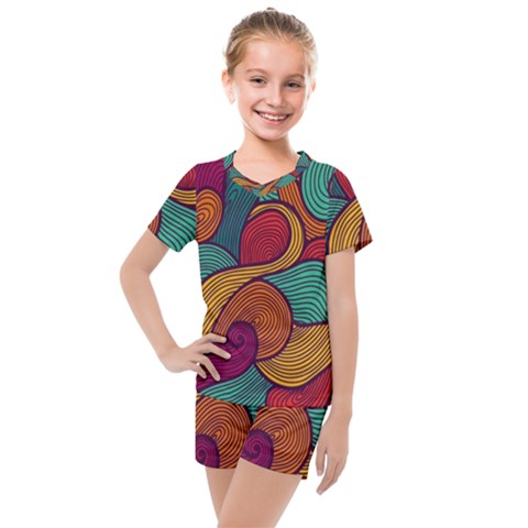 Swirly, Abstract, Multi Colored, Pattern, Kids  Mesh T-shirt And Shorts Set by kyorashop23