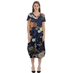 Japanese Wave Koi Illustration Pattern T-shirt Midi Dress With Pockets by Ndabl3x