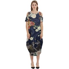 Japanese Wave Koi Illustration Pattern Cold Shoulder Loose Fit Dress With Pockets by Ndabl3x