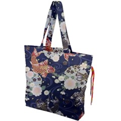 Japanese Wave Koi Illustration Pattern Drawstring Tote Bag by Ndabl3x