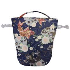 Japanese Wave Koi Illustration Pattern Drawstring Bucket Bag by Ndabl3x