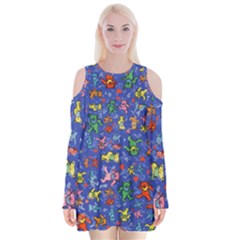 Grateful Dead Dancing Bears Pattern Velvet Long Sleeve Shoulder Cutout Dress by Salmanaz77