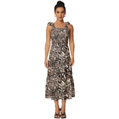 Earth Tones Fall Abstract Textured Print Tie-strap Tiered Midi Chiffon Dress by dflcprintsclothing