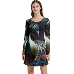 Colorful Peacock Bird Feathers Long Sleeve Velour Skater Dress by Apen