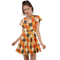 Halloween Argyle Pattern  Flutter Sleeve Wrap Dress by Safari