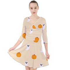 Pumpkin And Boo Crew Halloween  Quarter Sleeve Front Wrap Dress by Safari