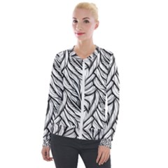 Black White Flower Texture Pattern Velvet Zip Up Jacket by Grandong