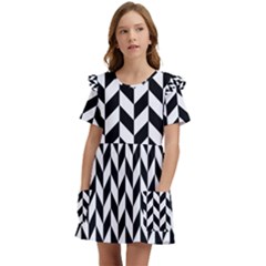 Black And White Pattern Kids  Frilly Sleeves Pocket Dress by ytdream