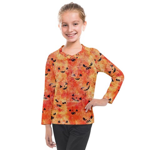 Carved Pumpkin Faces Kids  Long Mesh T-shirt by kyorashop23