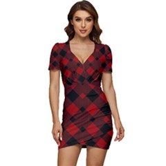 Red Diagonal Plaid Big Low Cut Cap Sleeve Mini Dress by ConteMonfrey