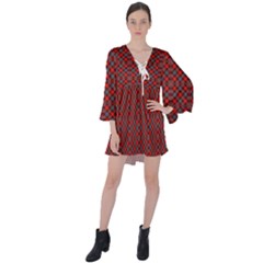 Red Diagonal Plaids V-neck Flare Sleeve Mini Dress by ConteMonfrey