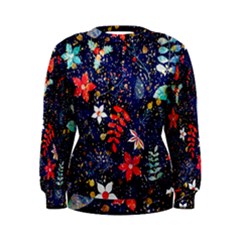 Festive Floral Pattern Christmas Blue Floral Flower Foliage Leaves Pattern Red Snow Winter Women s Sweatshirt by Maspions