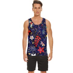 Festive Floral Pattern Christmas Blue Floral Flower Foliage Leaves Pattern Red Snow Winter Men s Wide Collar Tank Top by Maspions