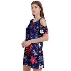 Festive Floral Pattern Christmas Blue Floral Flower Foliage Leaves Pattern Red Snow Winter Women s Cold Shoulder Round Neck Mini Dress by Maspions