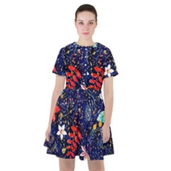 Festive Floral Pattern Christmas Blue Floral Flower Foliage Leaves Pattern Red Snow Winter Sailor Dress by Maspions