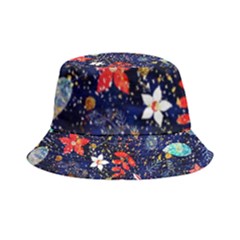 Festive Floral Pattern Christmas Blue Floral Flower Foliage Leaves Pattern Red Snow Winter Inside Out Bucket Hat by Maspions