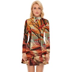 Forest Path Red Nature Long Sleeve Velour Longline Dress by Bedest