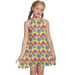 Colorful Bitcoin Pattern Kids  Halter Collar Waist Tie Chiffon Dress by ExtraAwesomeSauce