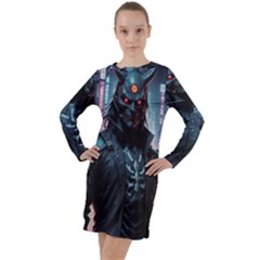 Cyberpunk Demon Samurai Long Sleeve Hoodie Dress by AwesomeSauce