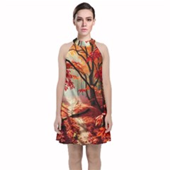 Forest Path Red Nature Velvet Halter Neckline Dress  by Bedest