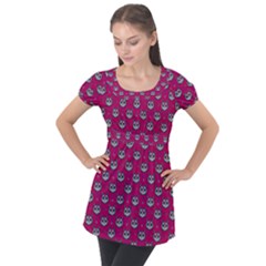 Calavera Cat Art Pattern Puff Sleeve Tunic Top by ExtraAwesomeSauce