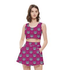 Calavera Cat Art Pattern Women s Crop Top Pleated Skater Rave Skirt by ExtraAwesomeSauce