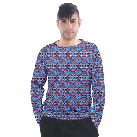 Colorful Sugar Skull Cat Pattern Men s Long Sleeve Raglan T-shirt by ExtraAwesomeSauce