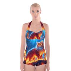 Enchanted Fire Feline Boyleg Halter Swimsuit  by ExtraAwesomeSauce