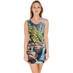 Serene Mountain Waterfall Landscape Bodycon Dress by ExtraAwesomeSauce