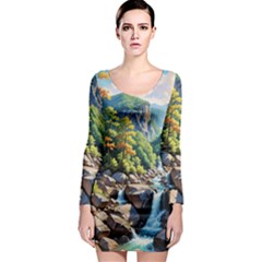 Serene Mountain Waterfall Landscape Long Sleeve Bodycon Dress by ExtraAwesomeSauce