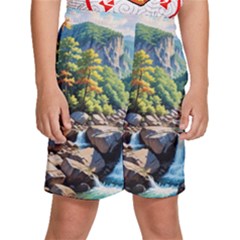 Serene Mountain Waterfall Landscape Kids  Basketball Shorts by ExtraAwesomeSauce