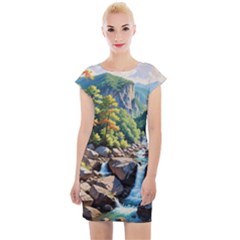 Serene Mountain Waterfall Landscape Cap Sleeve Bodycon Dress by ExtraAwesomeSauce