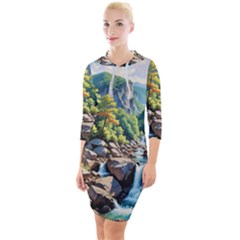 Serene Mountain Waterfall Landscape Quarter Sleeve Hood Bodycon Dress by ExtraAwesomeSauce