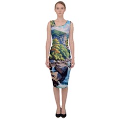 Serene Mountain Waterfall Landscape Sleeveless Pencil Dress by ExtraAwesomeSauce