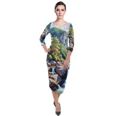 Serene Mountain Waterfall Landscape Quarter Sleeve Midi Velour Bodycon Dress by ExtraAwesomeSauce