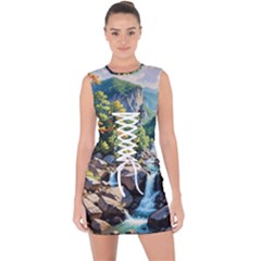 Serene Mountain Waterfall Landscape Lace Up Front Bodycon Dress by ExtraAwesomeSauce