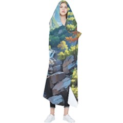 Serene Mountain Waterfall Landscape Wearable Blanket by ExtraGoodSauce