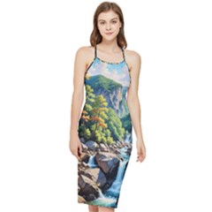 Serene Mountain Waterfall Landscape Bodycon Cross Back Summer Dress by ExtraAwesomeSauce