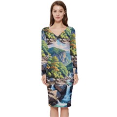 Serene Mountain Waterfall Landscape Long Sleeve V-neck Bodycon Dress  by ExtraAwesomeSauce