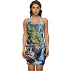 Serene Mountain Waterfall Landscape Sleeveless Wide Square Neckline Ruched Bodycon Dress by ExtraAwesomeSauce