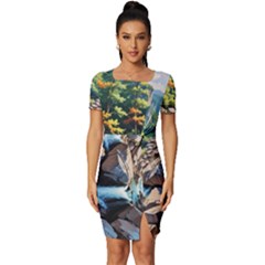 Serene Mountain Waterfall Landscape Fitted Knot Split End Bodycon Dress by ExtraAwesomeSauce