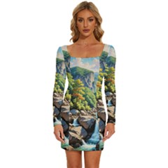 Serene Mountain Waterfall Landscape Long Sleeve Square Neck Bodycon Velvet Dress by ExtraAwesomeSauce