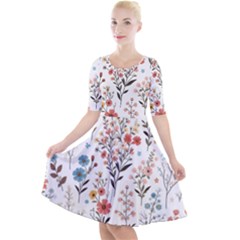 Flowers Design Floral Quarter Sleeve A-line Dress With Pockets by Posterlux