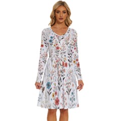 Flowers Design Floral Long Sleeve Dress With Pocket by Posterlux