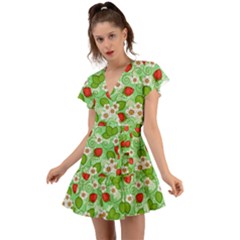 Strawberries Pattern Seamless Flutter Sleeve Wrap Dress by Posterlux