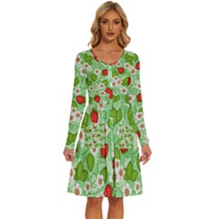 Strawberries Pattern Seamless Long Sleeve Dress With Pocket by Posterlux